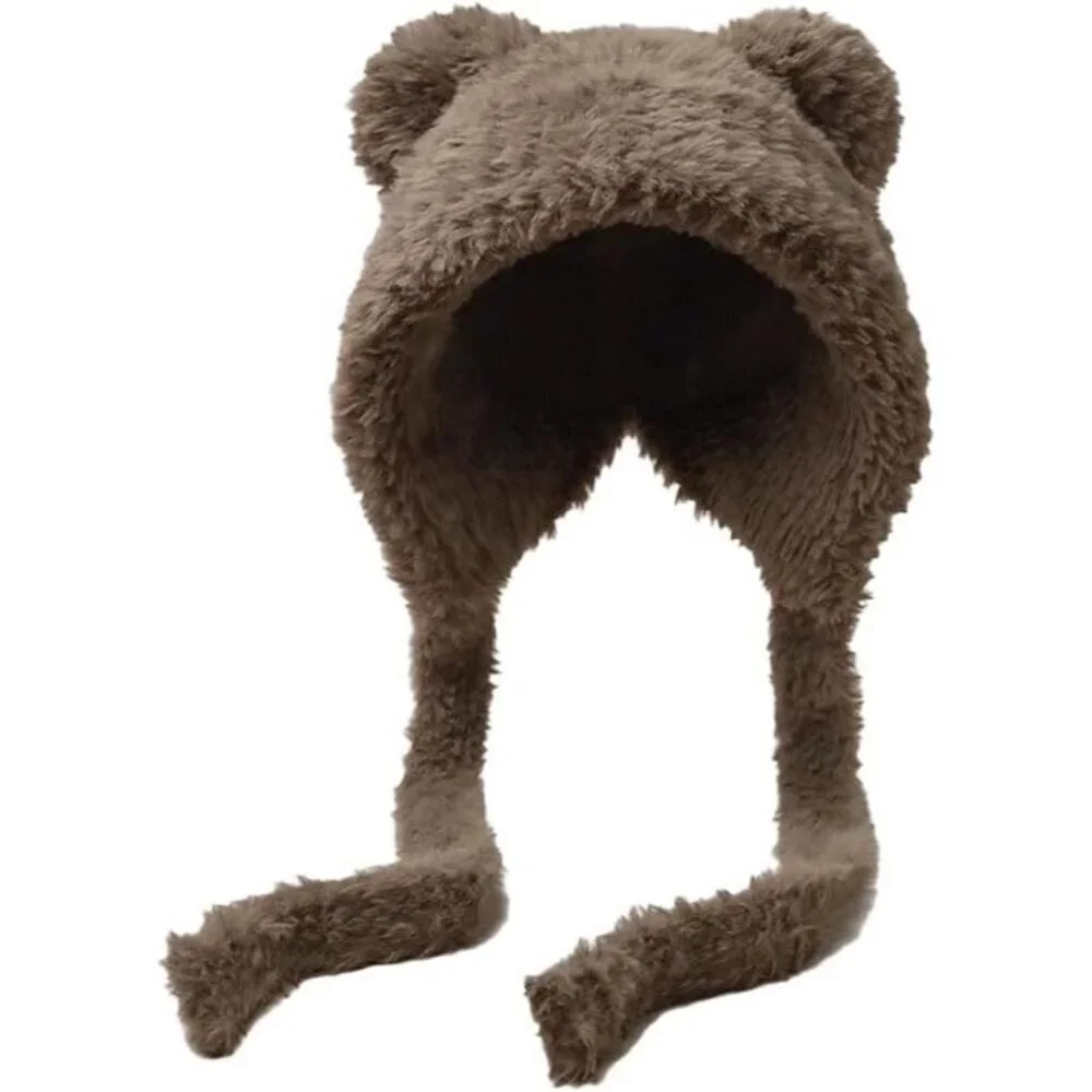 Women Sepia Winter Beanie Hats Knit Ear Flaps Cute Stuffed Bear Ears Fleece